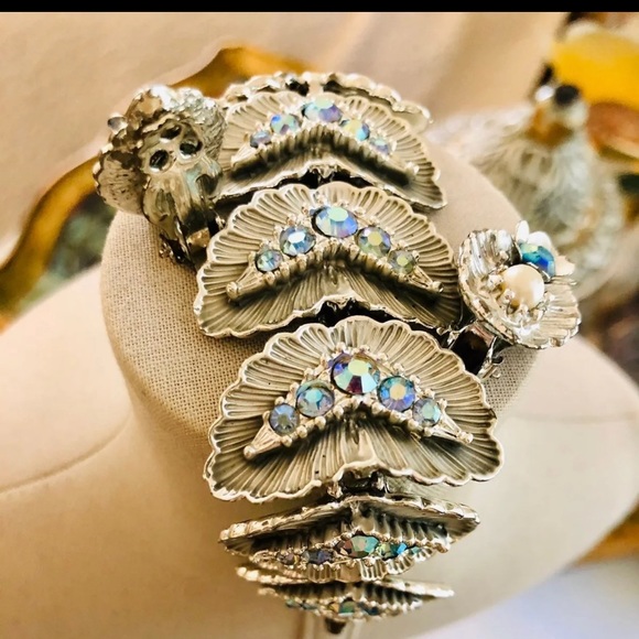 Vintage Deco blue AB rhinestone bracelet Demi set - Picture 10 of 11